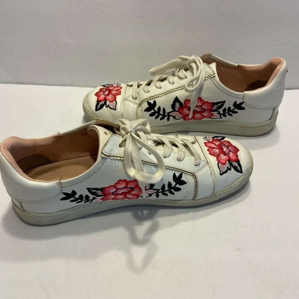 KATE SPADE EVERHART FLORAL LEATHER SHOES EMBROIDERED WHITE SNEAKERS SIZE 9.5